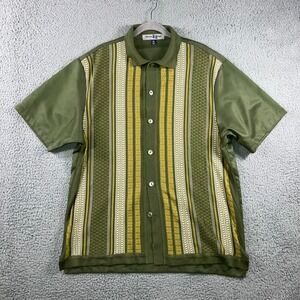 Michael Irvin 88 Button Up Shirt Men XL Short Sleeve Green Striped Knit Front